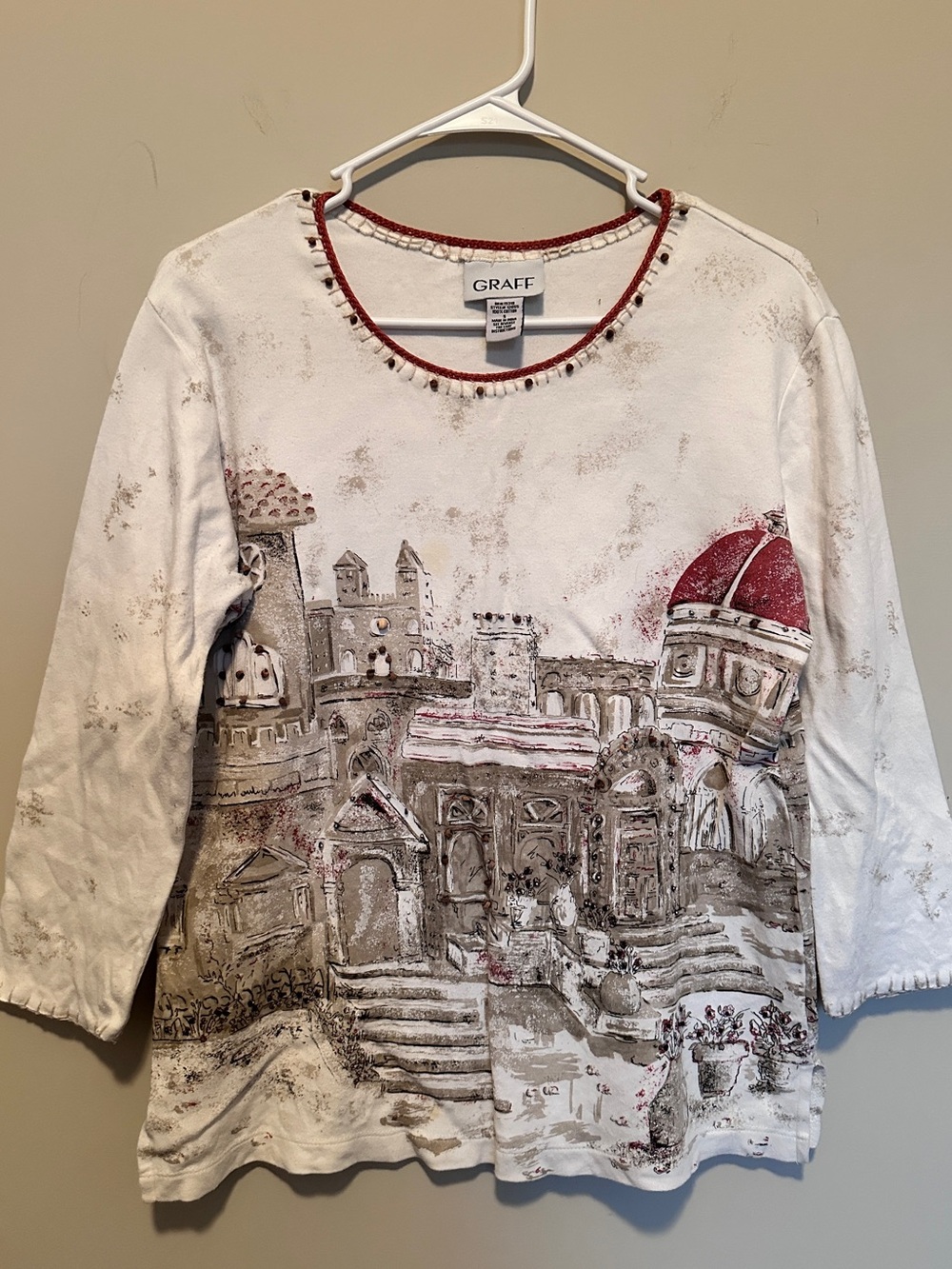 Graff White Scenic Print Scoop Neck Top with Red Trim